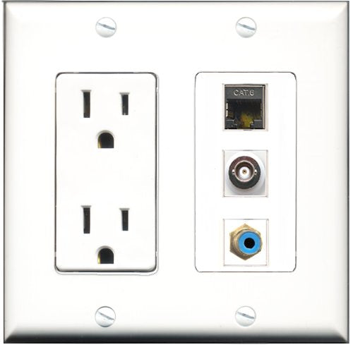 RiteAV - 15 Amp Power Outlet 1 Port RCA Blue 1 Port Shielded Cat6 Ethernet Ethernet 1 Port BNC Decorative Wall Plate