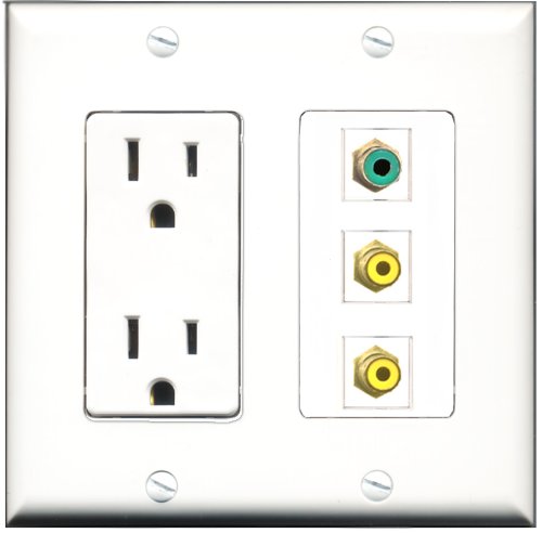 RiteAV - 15 Amp Power Outlet 2 Port RCA Yellow 1 Port RCA Green Decorative Wall Plate