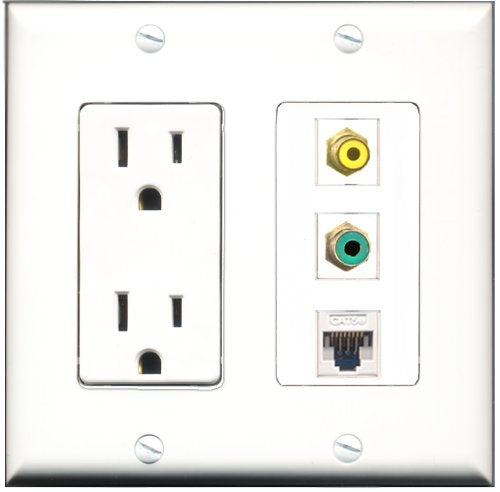 RiteAV - 15 Amp Power Outlet 1 Port RCA Yellow 1 Port RCA Green 1 Port Cat5e Ethernet White Decorative Wall Plate
