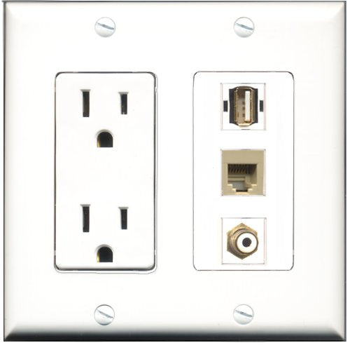 RiteAV - 15 Amp Power Outlet 1 Port RCA White 1 Port USB A-A 1 Port Phone Beige Decorative Wall Plate