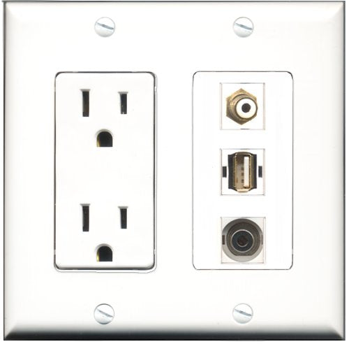 RiteAV - 15 Amp Power Outlet 1 Port RCA White 1 Port USB A-A 1 Port 3.5mm Decorative Wall Plate
