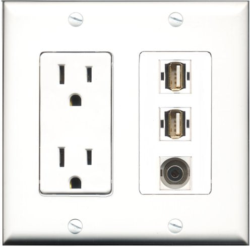 RiteAV - 15 Amp Power Outlet 2 Port USB A-A 1 Port 3.5mm Decorative Wall Plate
