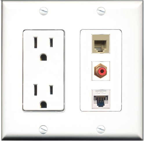 RiteAV - 15 Amp Power Outlet 1 Port RCA Red 1 Port Phone Beige 1 Port Cat5e Ethernet White Decorative Wall Plate