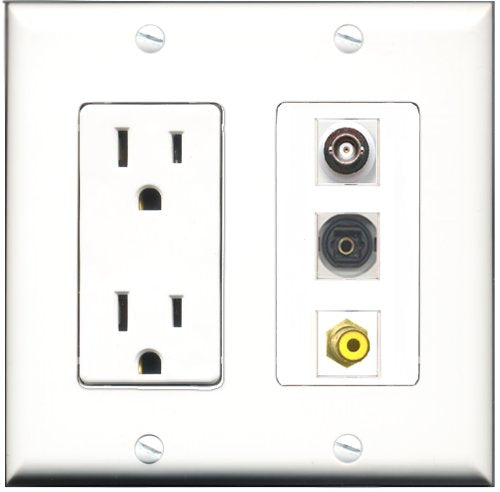 RiteAV - 15 Amp Power Outlet 1 Port RCA Yellow 1 Port Toslink 1 Port BNC Decorative Wall Plate