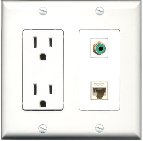 RiteAV - 15 Amp Power Outlet and 1 Port RCA Green and 1 Port Cat6 Ethernet White Decorative Type Wall Plate White