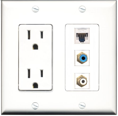 RiteAV - 15 Amp Power Outlet 1 Port RCA White 1 Port RCA Blue 1 Port Cat5e Ethernet White Decorative Wall Plate