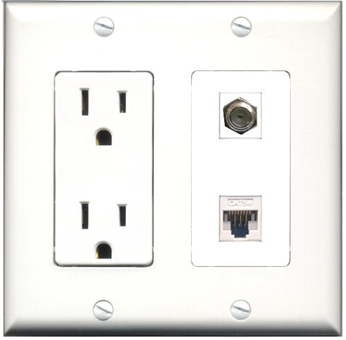 RiteAV - 15 Amp Power Outlet and 1 Port Coax Cable TV- F-Type and 1 Port Cat5e Ethernet White Decorative Type Wall Plate White