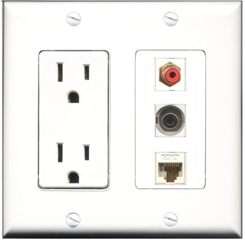 RiteAV - 15 Amp Power Outlet 1 Port RCA Red 1 Port 3.5mm 1 Port Cat6 Ethernet Ethernet White Decorative Wall Plate