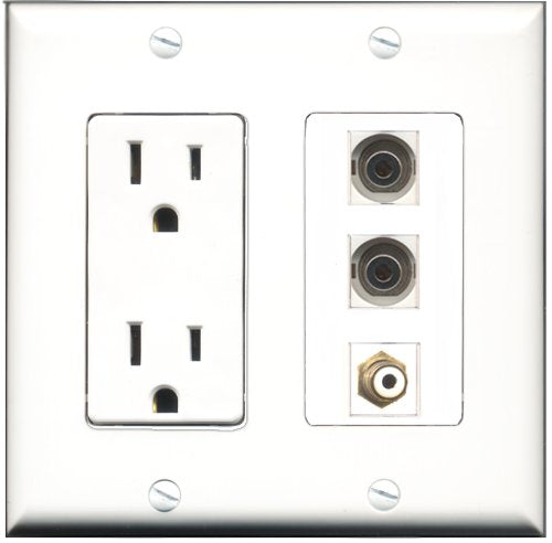 RiteAV - 15 Amp Power Outlet 1 Port RCA White 2 Port 3.5mm Decorative Wall Plate