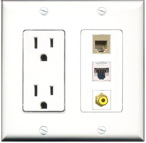 RiteAV - 15 Amp Power Outlet 1 Port RCA Yellow 1 Port Phone Beige 1 Port Cat5e Ethernet White Decorative Wall Plate