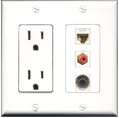 RiteAV - 15 Amp Power Outlet 1 Port RCA Red 1 Port 3.5mm 1 Port Cat6 Ethernet Ethernet White Decorative Wall Plate