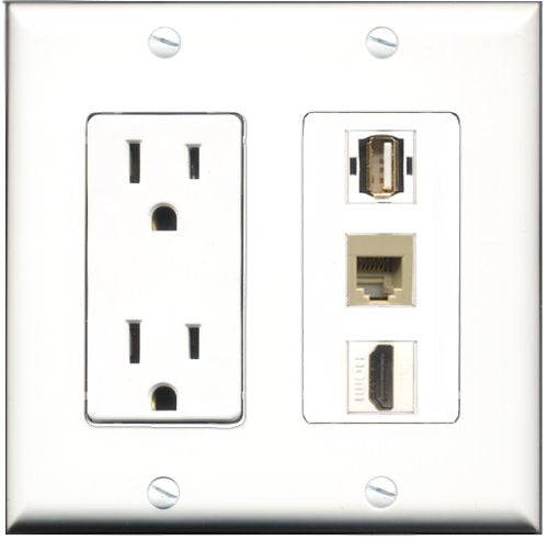 RiteAV - 15 Amp Power Outlet 1 Port HDMI 1 Port USB A-A 1 Port Phone Beige Decorative Wall Plate