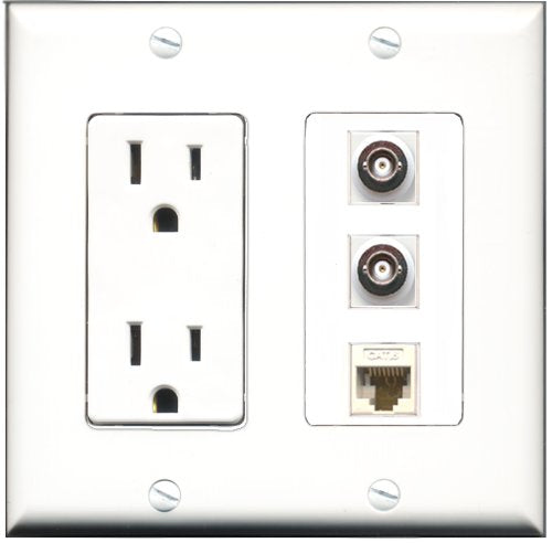 RiteAV - 15 Amp Power Outlet 2 Port BNC 1 Port Cat6 Ethernet Ethernet White Decorative Wall Plate