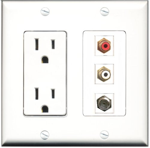 RiteAV - 15 Amp Power Outlet 1 Port RCA Red 1 Port RCA White 1 Port Coax Decorative Wall Plate