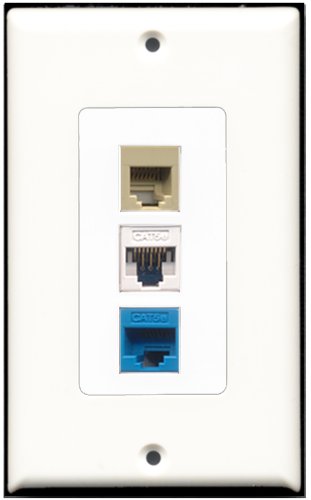 RiteAV - 1 Port Phone RJ11 RJ12 Beige 1 Cat5e Ethernet White 1 Cat5e Ethernet Blue Wall Plate Decorative