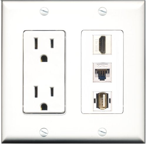 RiteAV - 15 Amp Power Outlet 1 Port HDMI 1 Port USB A-A 1 Port Cat5e Ethernet White Decorative Wall Plate