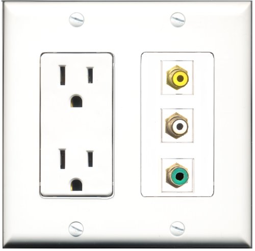 RiteAV - 15 Amp Power Outlet 1 Port RCA White 1 Port RCA Yellow 1 Port RCA Green Decorative Wall Plate