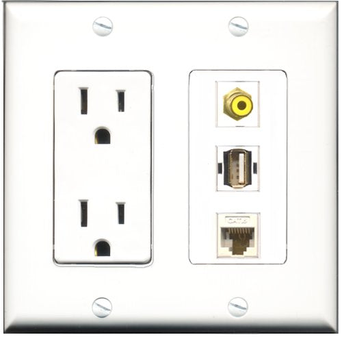 RiteAV - 15 Amp Power Outlet 1 Port RCA Yellow 1 Port USB A-A 1 Port Cat6 Ethernet Ethernet White Decorative Wall Plate