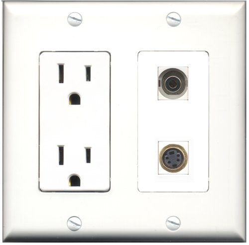 RiteAV - 15 Amp Power Outlet and 1 Port S-Video and 1 Port 3.5mm Decorative Type Wall Plate White
