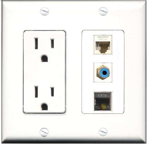 RiteAV - 15 Amp Power Outlet 1 Port RCA Blue 1 Port Shielded Cat6 Ethernet Ethernet 1 Port Cat6 Ethernet Ethernet White Decorative Wall Plate