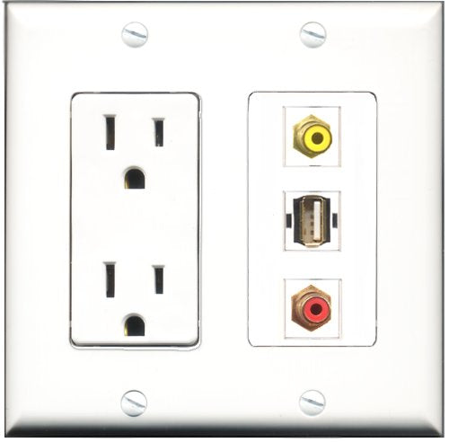 RiteAV - 15 Amp Power Outlet 1 Port RCA Red 1 Port RCA Yellow 1 Port USB A-A Decorative Wall Plate
