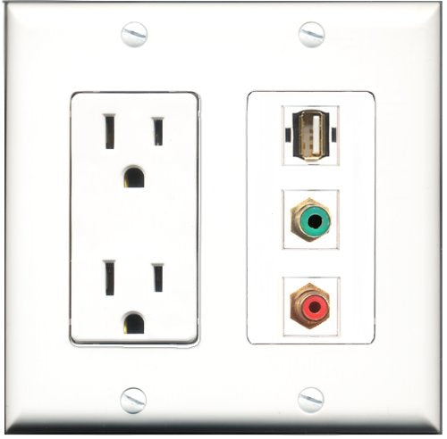RiteAV - 15 Amp Power Outlet 1 Port RCA Red 1 Port RCA Green 1 Port USB A-A Decorative Wall Plate