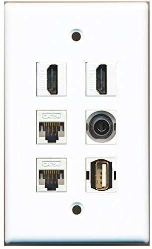 RiteAV - 2 HDMI 1 Port USB A-A 1 Port 3.5mm 2 Port Cat5e Ethernet White Wall Plate