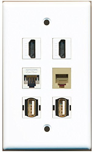 RiteAV - 2 HDMI 2 Port USB A-A 1 Port Phone RJ11 RJ12 Beige 1 Port Cat5e Ethernet White Wall Plate