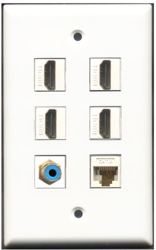 RiteAV - 4 Port HDMI 1 RCA Blue 1 Cat6 Ethernet White Wall Plate