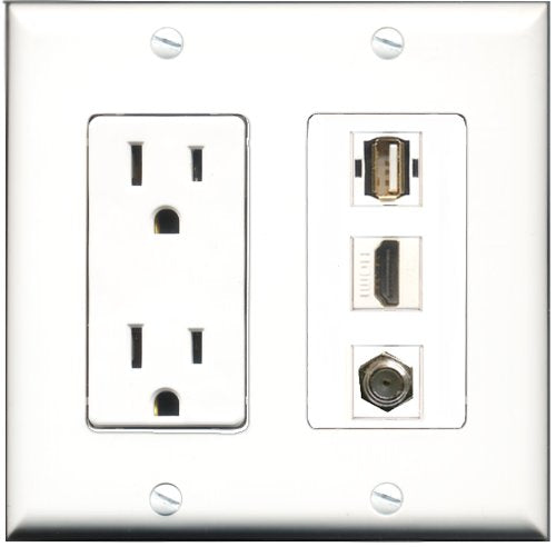 RiteAV - 15 Amp Power Outlet 1 Port HDMI 1 Port Coax 1 Port USB A-A Decorative Wall Plate