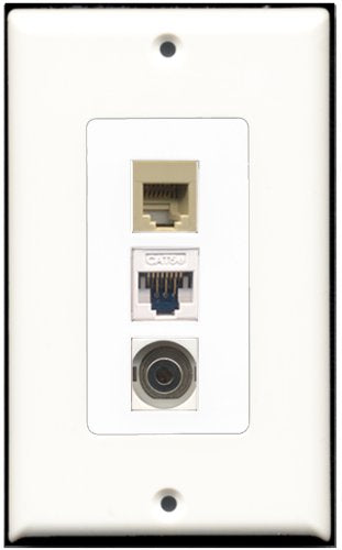 RiteAV - 1 Port Phone RJ11 RJ12 Beige 1 3.5mm 1 Cat5e Ethernet White Wall Plate Decorative