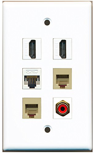 RiteAV - 2 HDMI 1 Port RCA Red 2 Port Phone RJ11 RJ12 Beige 1 Port Cat5e Ethernet White Wall Plate