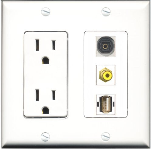 RiteAV - 15 Amp Power Outlet 1 Port RCA Yellow 1 Port USB A-A 1 Port Toslink Decorative Wall Plate
