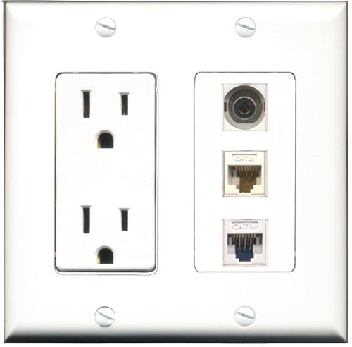 RiteAV - 15 Amp Power Outlet 1 Port 3.5mm 1 Port Cat5e Ethernet White 1 Port Cat6 Ethernet Ethernet White Decorative Wall Plate