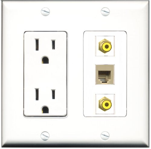 RiteAV - 15 Amp Power Outlet 2 Port RCA Yellow 1 Port Phone Beige Decorative Wall Plate