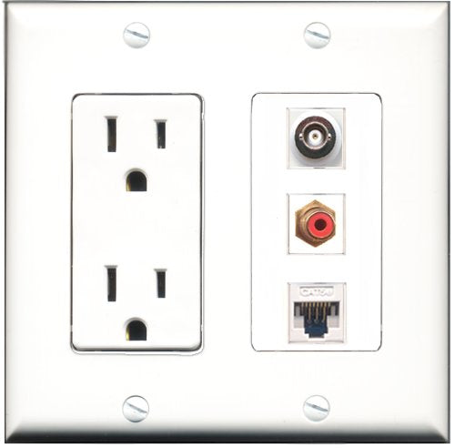 RiteAV - 15 Amp Power Outlet 1 Port RCA Red 1 Port BNC 1 Port Cat5e Ethernet White Decorative Wall Plate