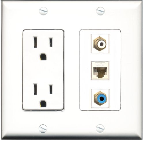 RiteAV - 15 Amp Power Outlet 1 Port RCA White 1 Port RCA Blue 1 Port Cat6 Ethernet Ethernet White Decorative Wall Plate