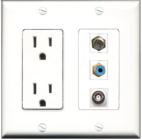 RiteAV - 15 Amp Power Outlet 1 Port RCA Blue 1 Port Coax 1 Port BNC Decorative Wall Plate