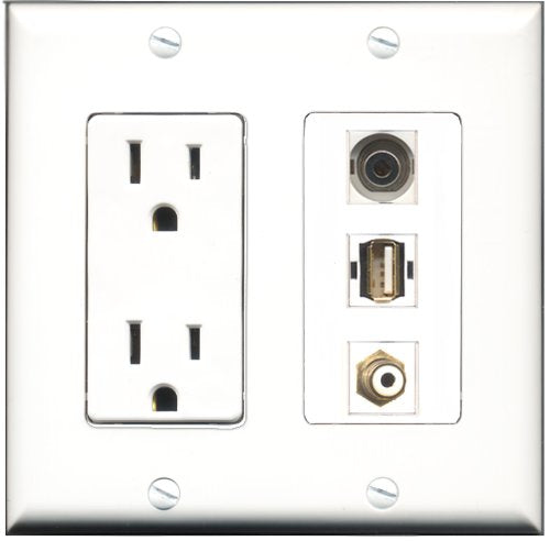 RiteAV - 15 Amp Power Outlet 1 Port RCA White 1 Port USB A-A 1 Port 3.5mm Decorative Wall Plate