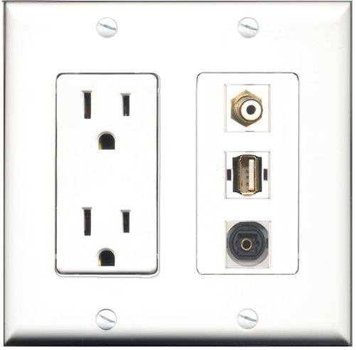 RiteAV - 15 Amp Power Outlet 1 Port RCA White 1 Port USB A-A 1 Port Toslink Decorative Wall Plate