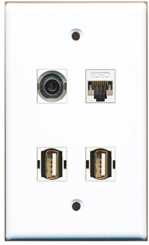 RiteAV - 2 Port USB A-A 1 Port 3.5mm 1 Port Cat5e Ethernet White Wall Plate