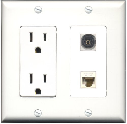 RiteAV - 15 Amp Power Outlet and 1 Port Toslink and 1 Port Cat6 Ethernet White Decorative Type Wall Plate White