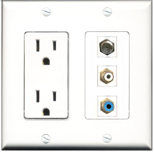RiteAV - 15 Amp Power Outlet 1 Port RCA White 1 Port RCA Blue 1 Port Coax Decorative Wall Plate