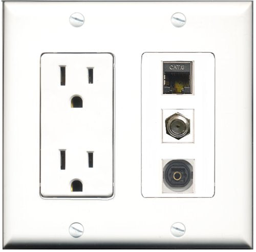 RiteAV - 15 Amp Power Outlet 1 Port Coax 1 Port Shielded Cat6 Ethernet Ethernet 1 Port Toslink Decorative Wall Plate
