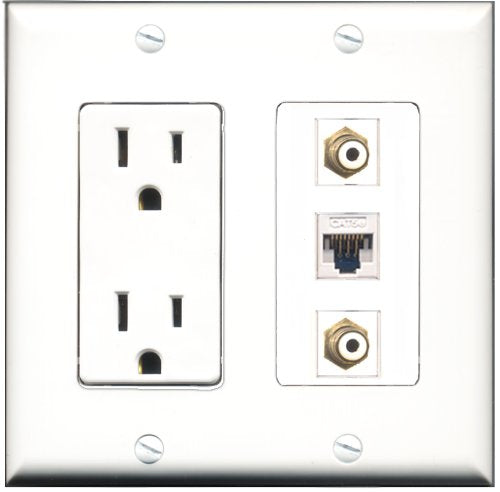 RiteAV - 15 Amp Power Outlet 2 Port RCA White 1 Port Cat5e Ethernet White Decorative Wall Plate
