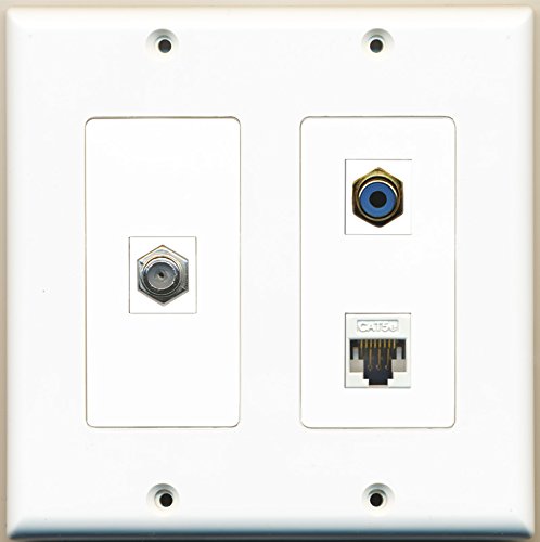 RiteAV - 1 Port RCA Blue 1 Port Coax Cable TV- F-Type 1 Port Cat5e Ethernet White - 2 Gang Wall Plate