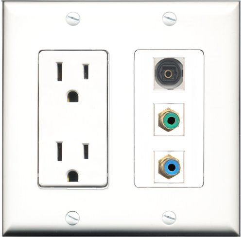 RiteAV - 15 Amp Power Outlet 1 Port RCA Green 1 Port RCA Blue 1 Port Toslink Decorative Wall Plate