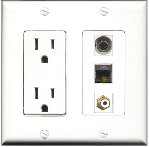 RiteAV - 15 Amp Power Outlet 1 Port RCA White 1 Port Shielded Cat6 Ethernet Ethernet 1 Port 3.5mm Decorative Wall Plate
