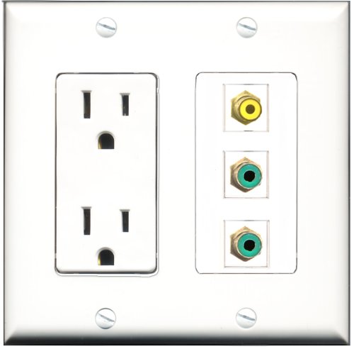 RiteAV - 15 Amp Power Outlet 1 Port RCA Yellow 2 Port RCA Green Decorative Wall Plate