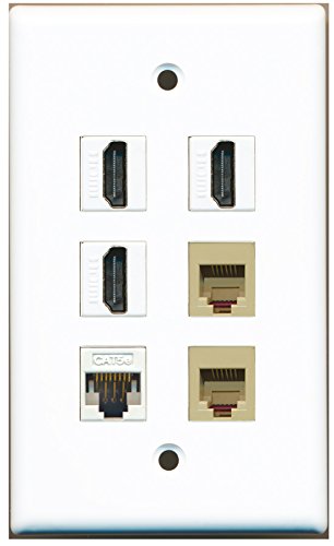 RiteAV - 3 HDMI 2 Port Phone RJ11 RJ12 Beige 1 Port Cat5e Ethernet White Wall Plate